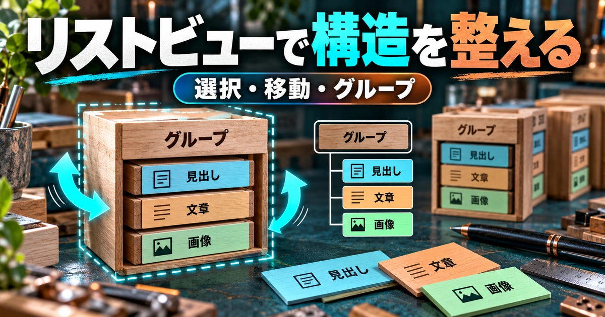グループ内に見出し・文章・画像が入るリストビュー構造の図解