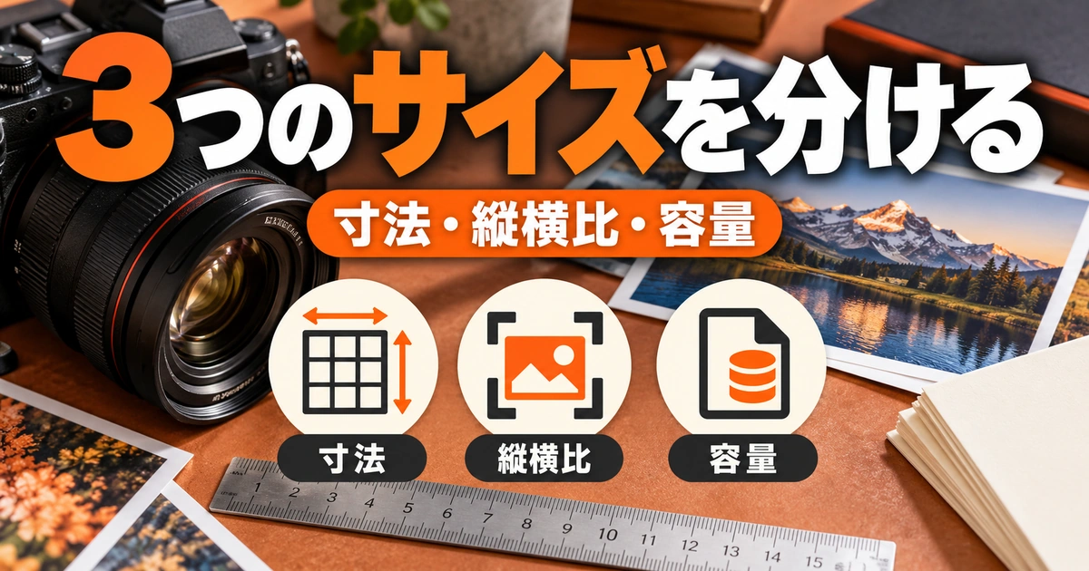 画像の寸法・縦横比・ファイル容量の三つを分ける図解