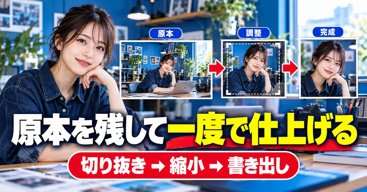 原本から切り抜き・縮小・書き出しへ進める工程のイメージ