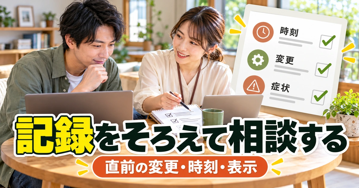 時刻・直前の変更・症状の記録をそろえて相談するイメージ