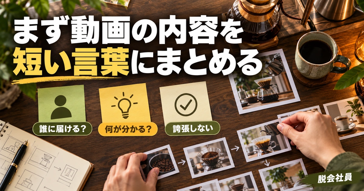まず動画の内容を。短い言葉にまとめるを説明する生成イメージ