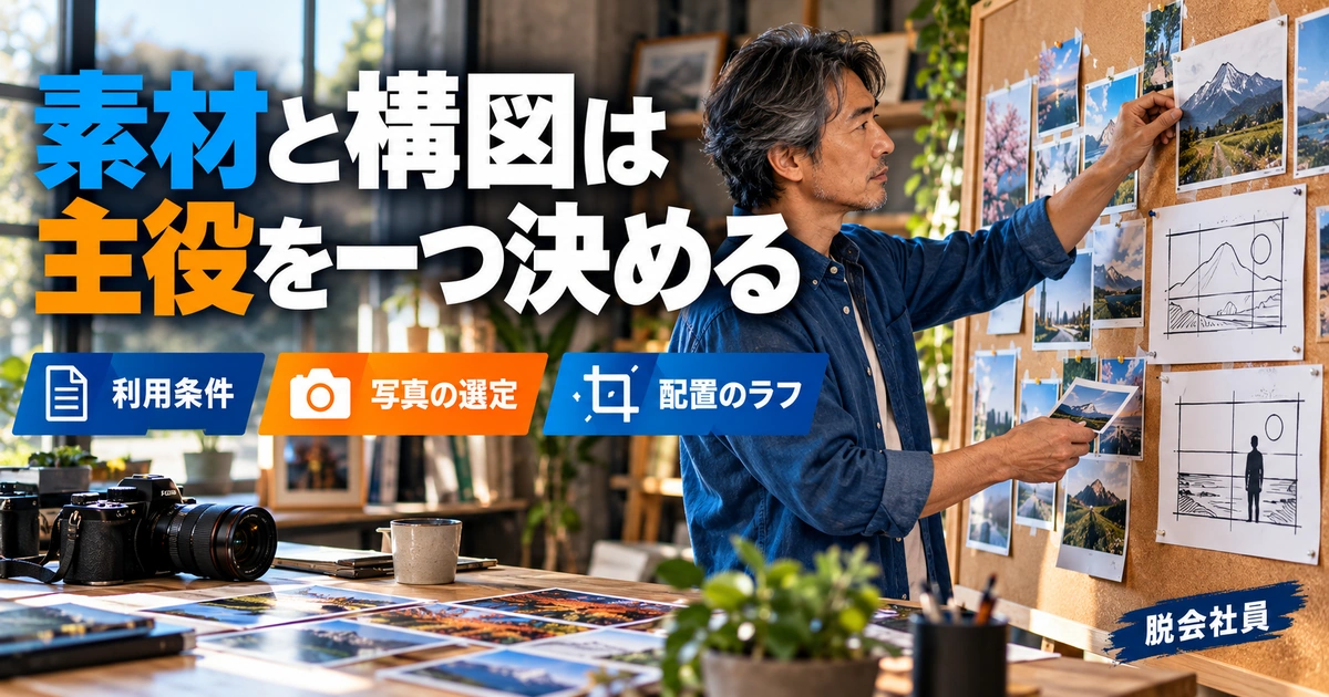 素材と構図は。主役を一つ決めるを説明する生成イメージ