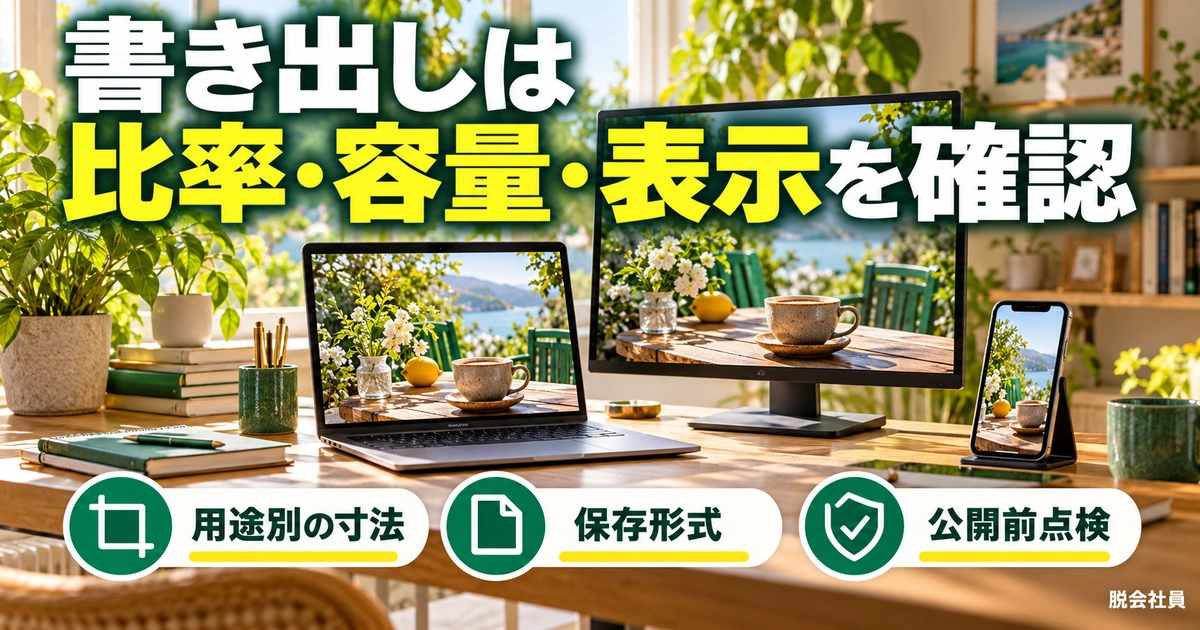 書き出しは。比率・容量・表示を確認を説明する生成イメージ