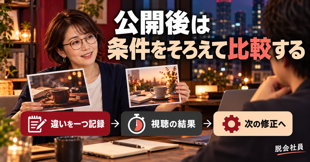 公開後は。条件をそろえて比較するを説明する生成イメージ