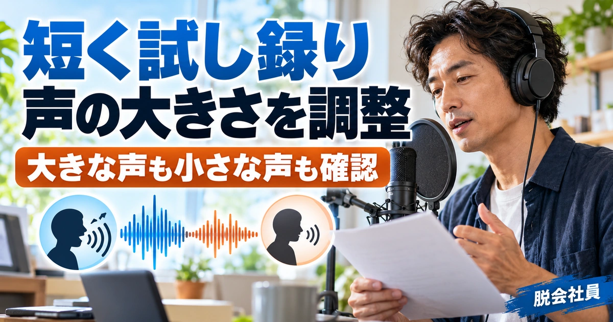 短く試し録り。声の大きさを調整を説明する生成イメージ