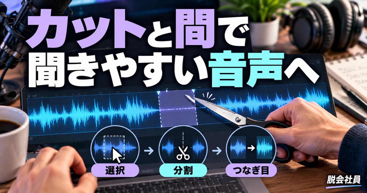 カットと間で。聞きやすい音声へを説明する生成イメージ