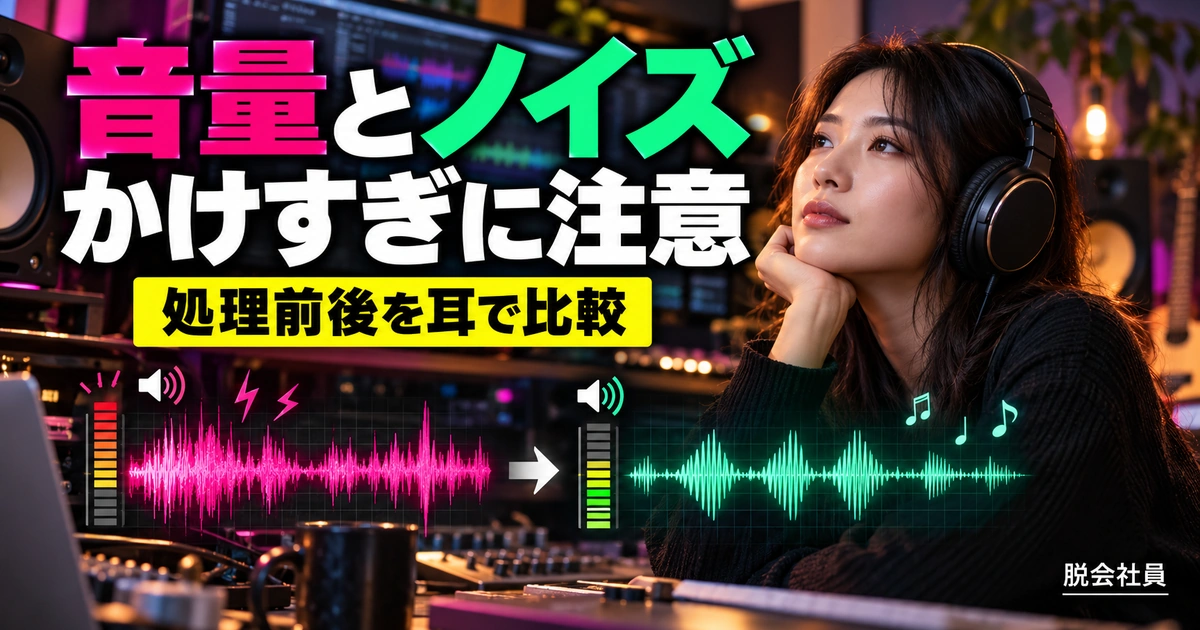 音量とノイズ。かけすぎに注意を説明する生成イメージ