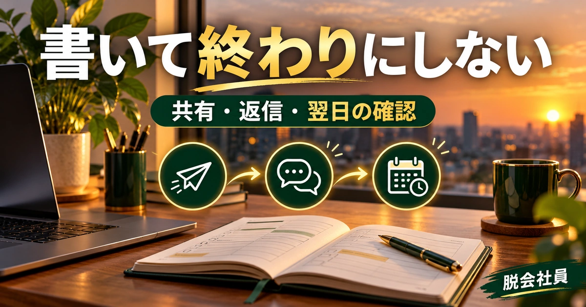 書いて終わりにしないを写真と図解で説明する生成イメージ