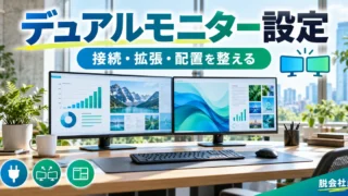 デュアルモニター設定を写真と図解で説明する生成イメージ