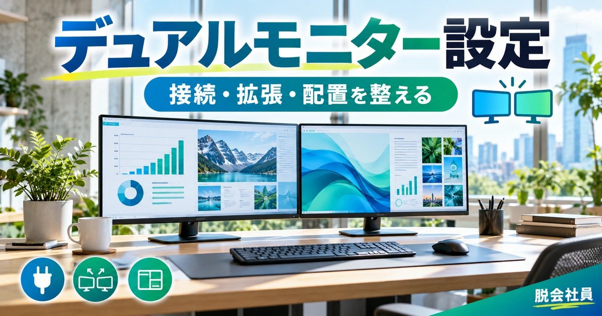 デュアルモニター設定を写真と図解で説明する生成イメージ