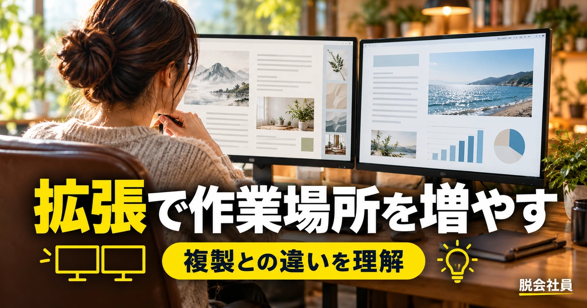 拡張で作業場所を増やすを写真と図解で説明する生成イメージ
