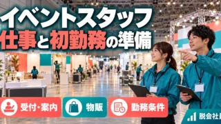 イベントスタッフ：仕事と初勤務の準備を写真と図解で説明する生成イメージ