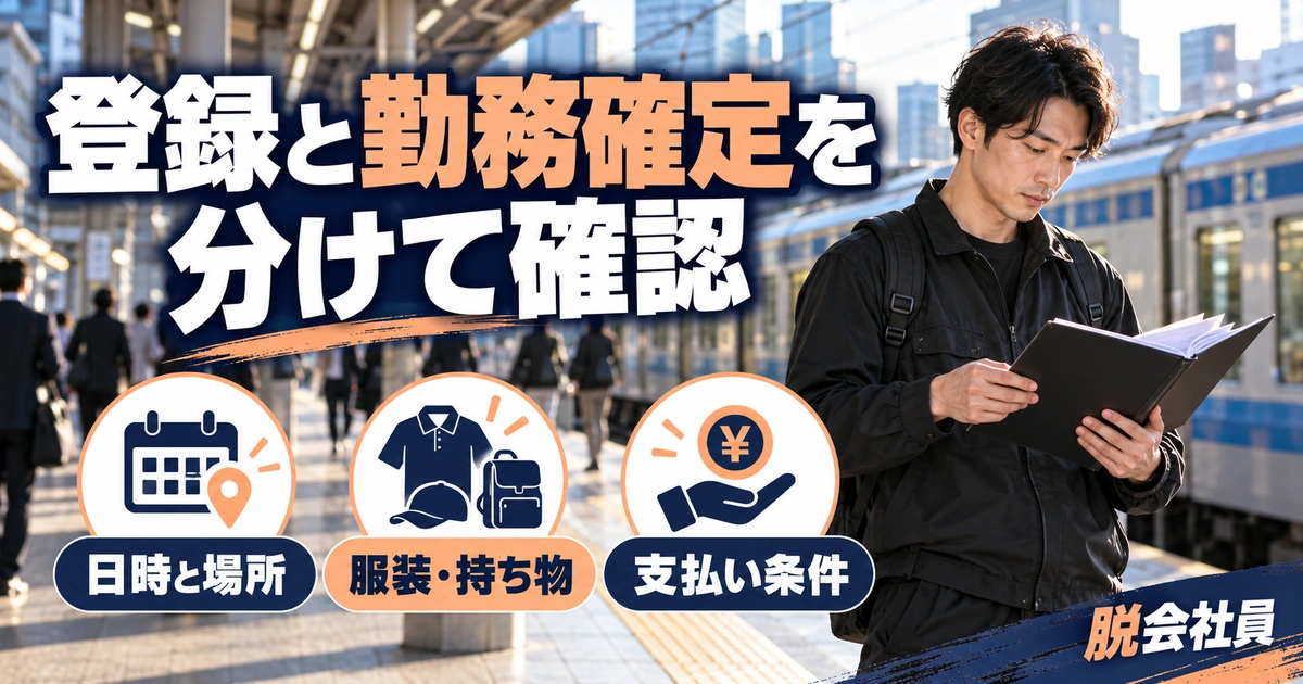 登録と勤務確定を:分けて確認を写真と図解で説明する生成イメージ