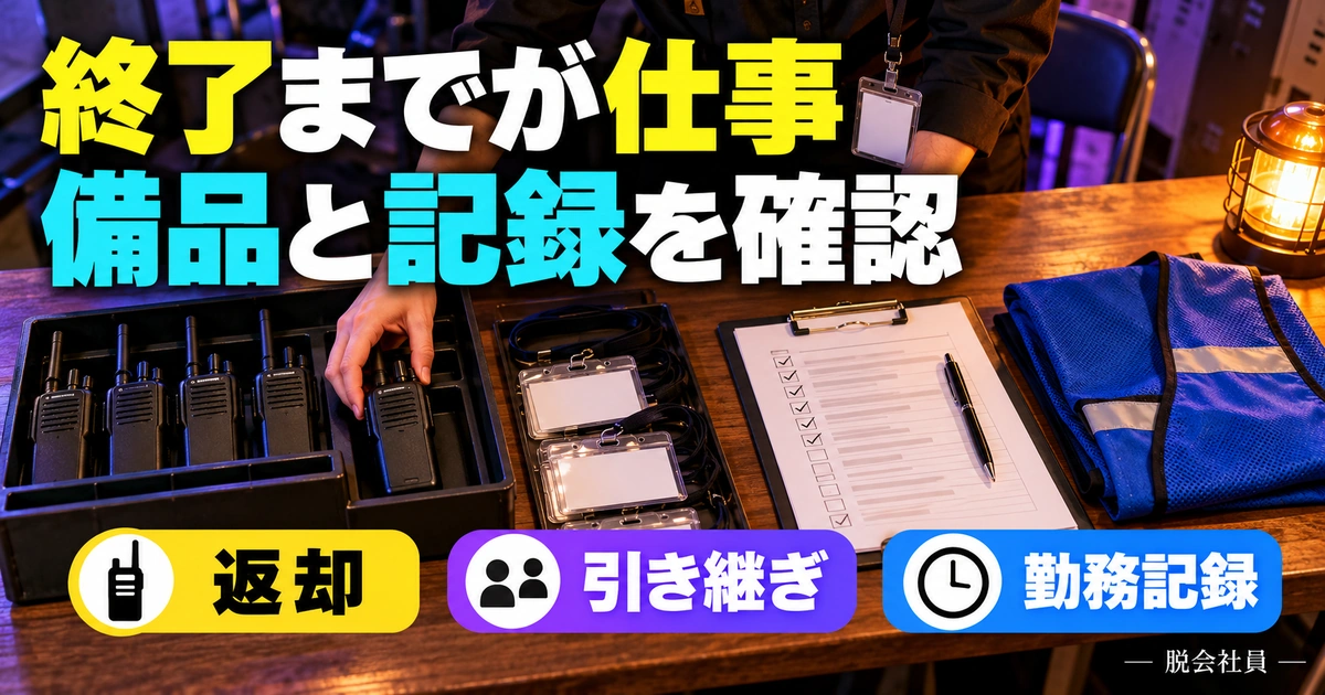 終了までが仕事:備品と記録を確認を写真と図解で説明する生成イメージ