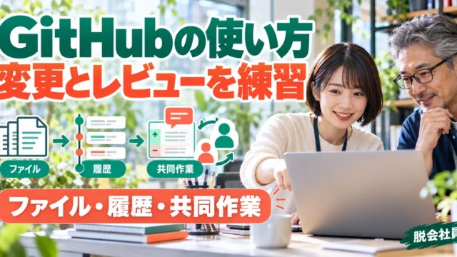 GitHubの使い方。変更とレビューを練習を説明する生成イメージ