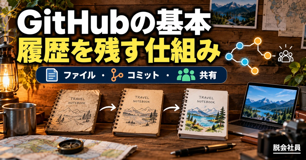 GitHubの基本。履歴を残す仕組みを説明する生成イメージ