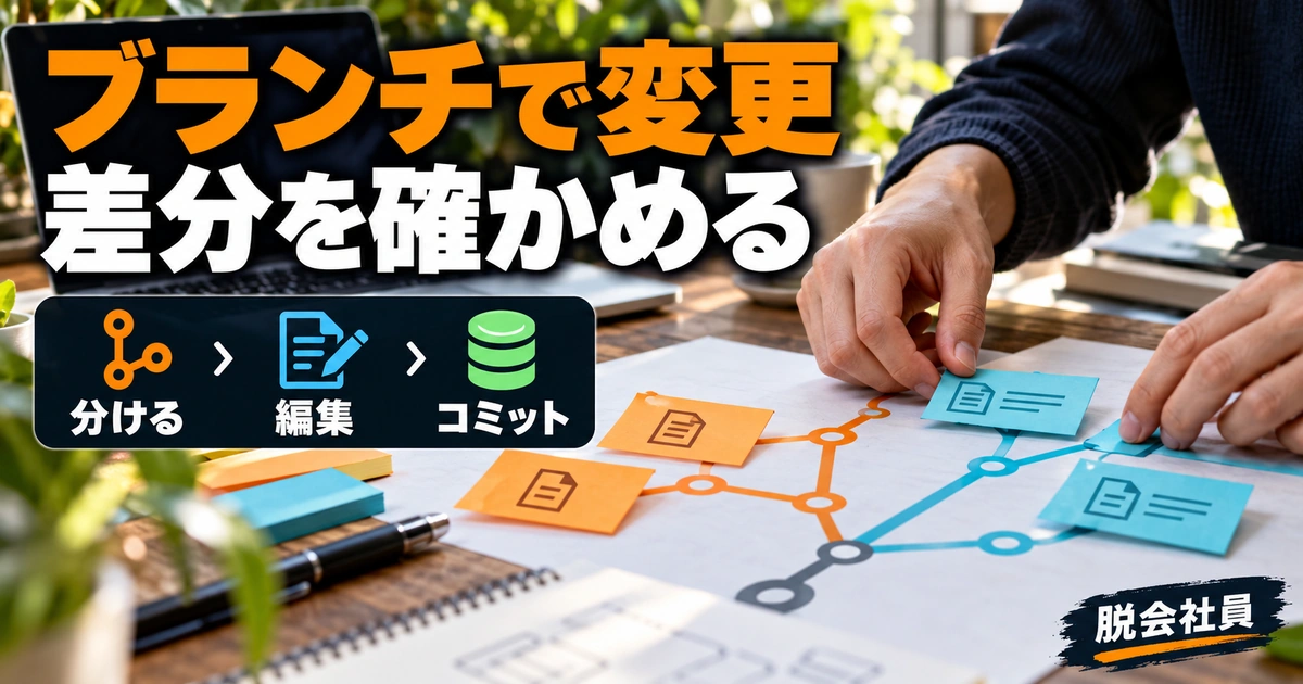 ブランチで変更。差分を確かめるを説明する生成イメージ