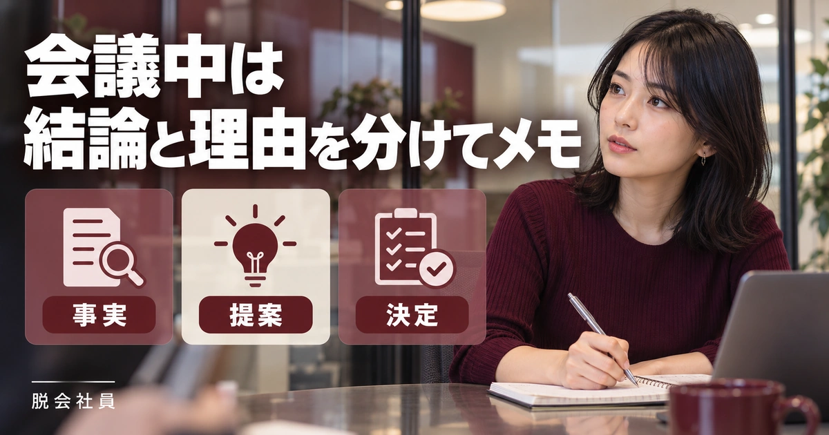 会議中は。結論と理由を分けてメモを説明する生成イメージ