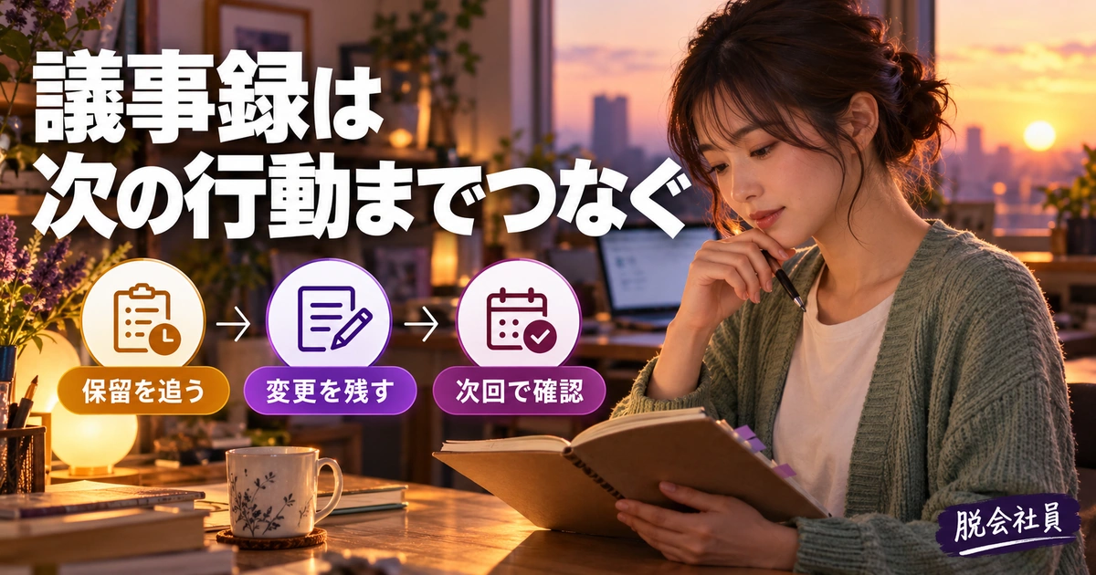 議事録は。次の行動までつなぐを説明する生成イメージ