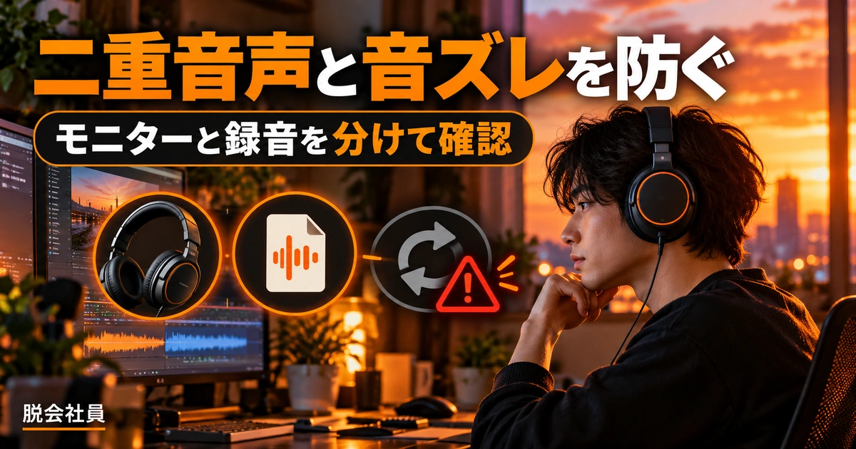二重音声と音ズレを防ぐを写真と図解で説明する生成イメージ