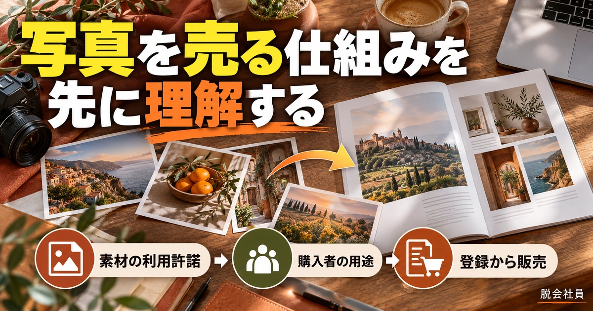 写真を売る仕組みを:先に理解するを写真と図解で説明する生成イメージ