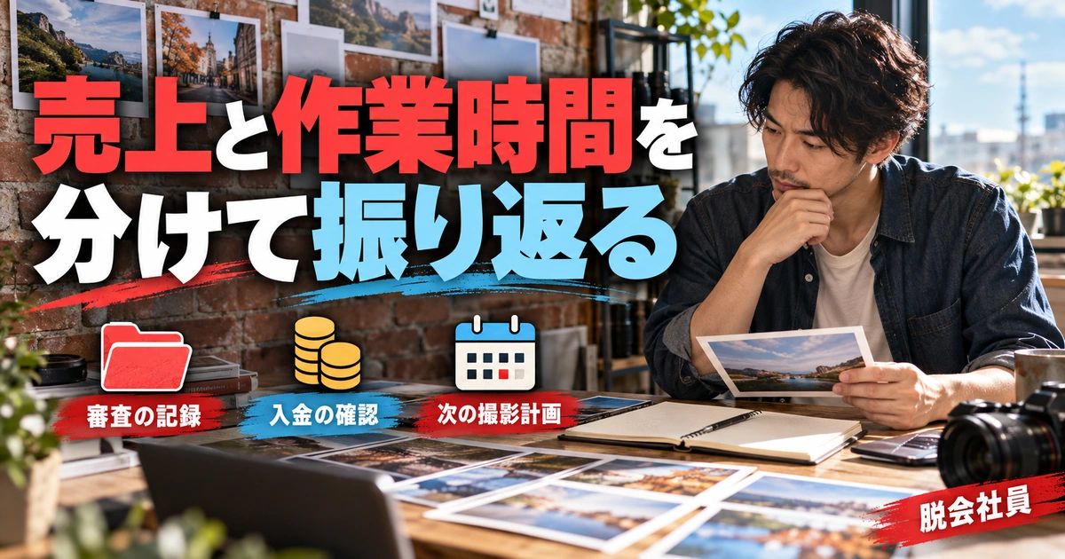 売上と作業時間を:分けて振り返るを写真と図解で説明する生成イメージ