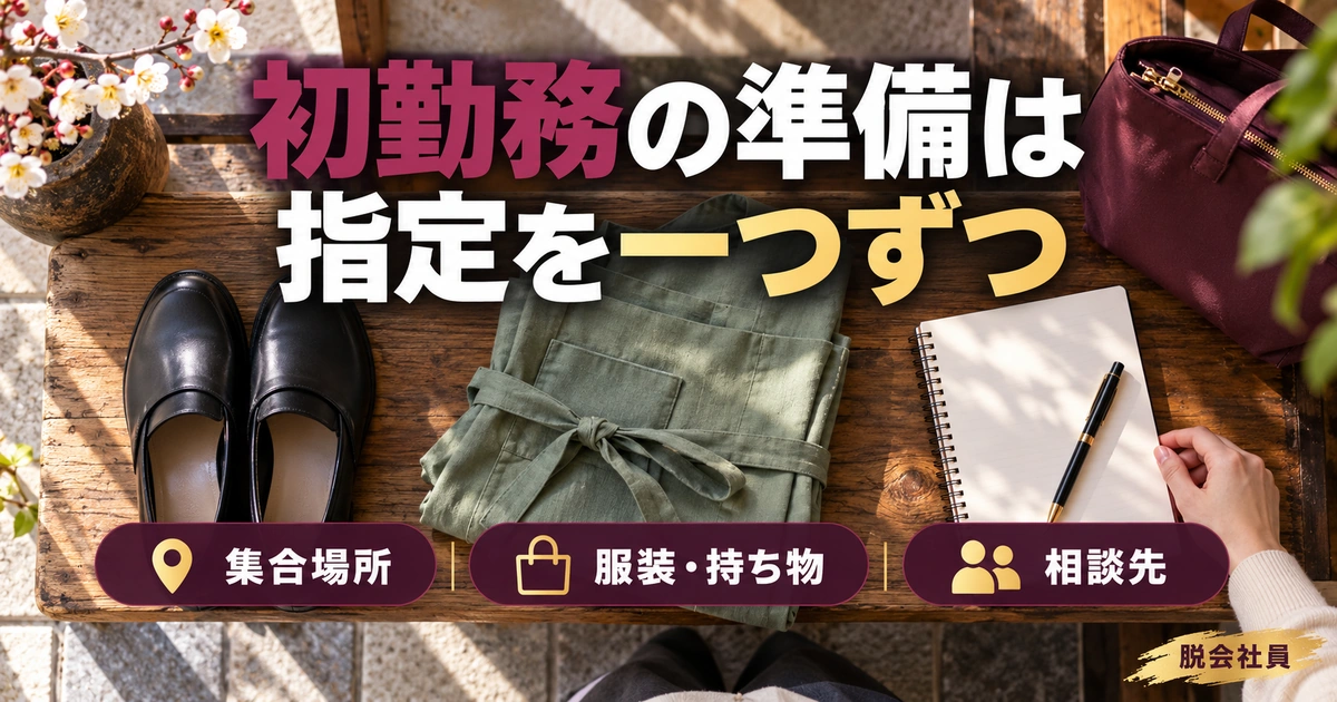 初勤務の準備は:指定を一つずつを写真と図解で説明する生成イメージ