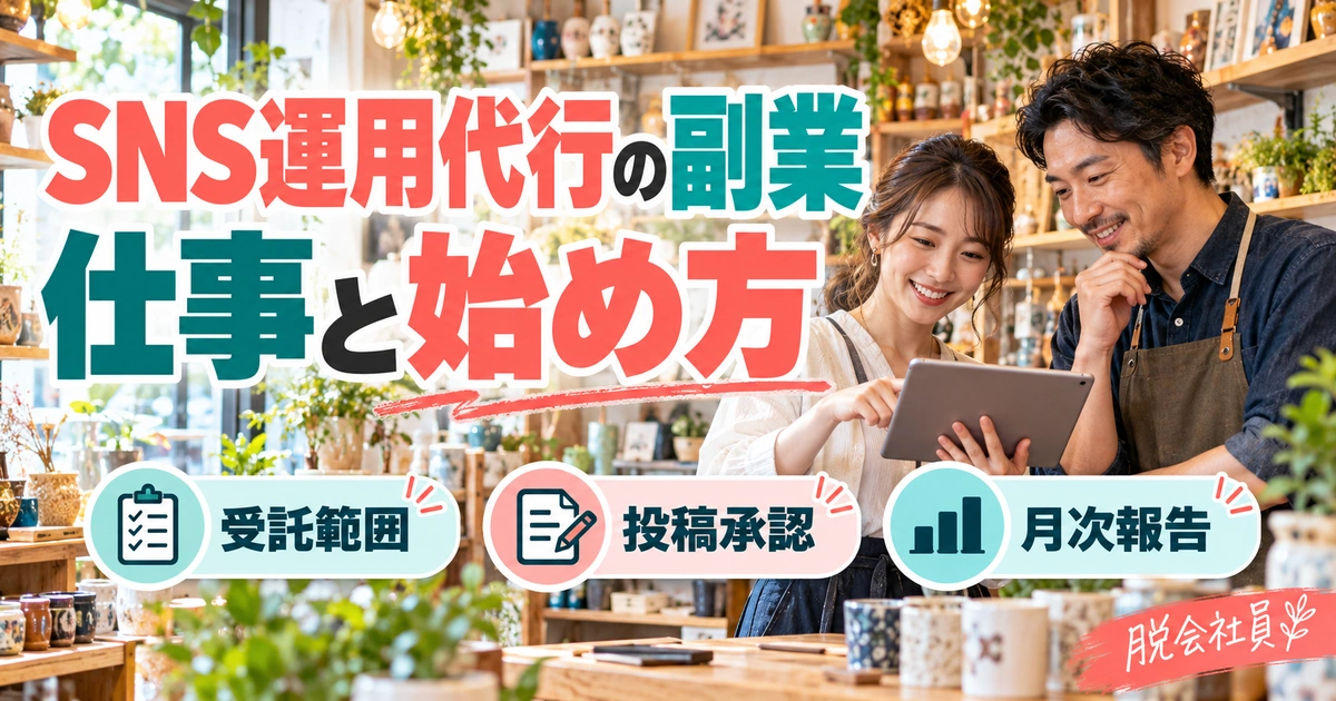 SNS運用代行の副業：仕事と始め方を写真と図解で説明する生成イメージ