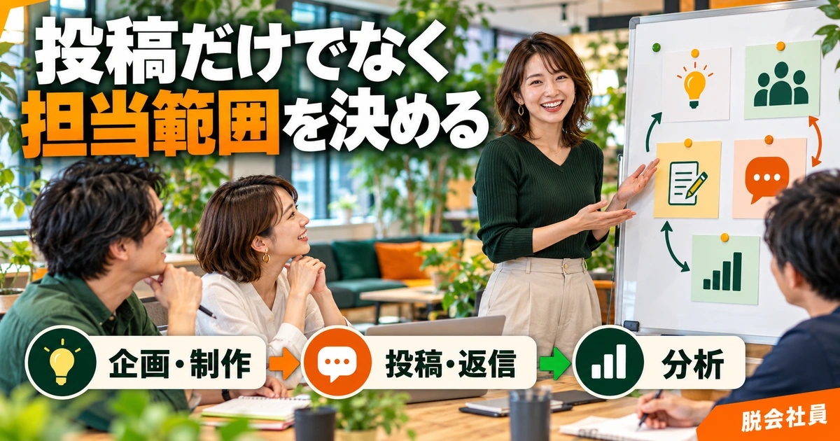 投稿だけでなく:担当範囲を決めるを写真と図解で説明する生成イメージ