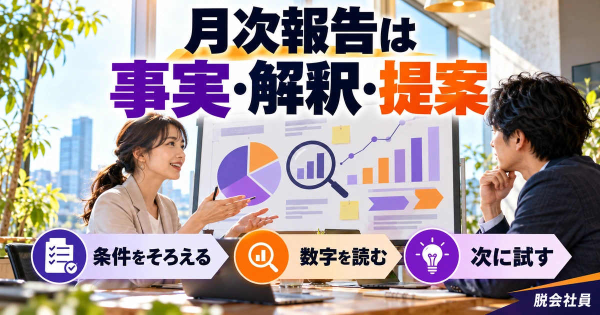 月次報告は:事実・解釈・提案を写真と図解で説明する生成イメージ