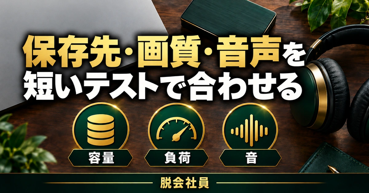 保存先・画質・音声を。短いテストで合わせるを説明する生成イメージ