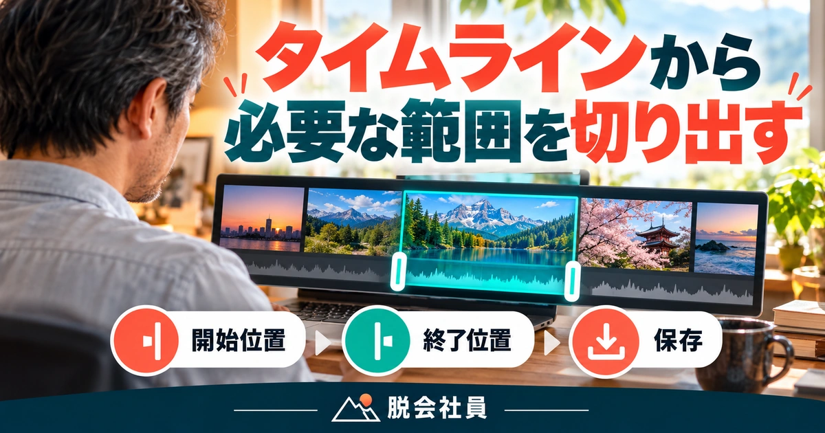 タイムラインから。必要な範囲を切り出すを説明する生成イメージ