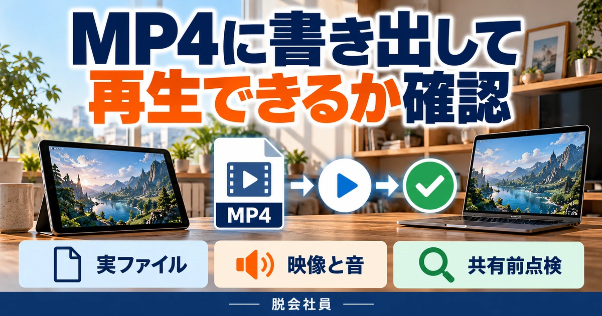 MP4に書き出して。再生できるか確認を説明する生成イメージ