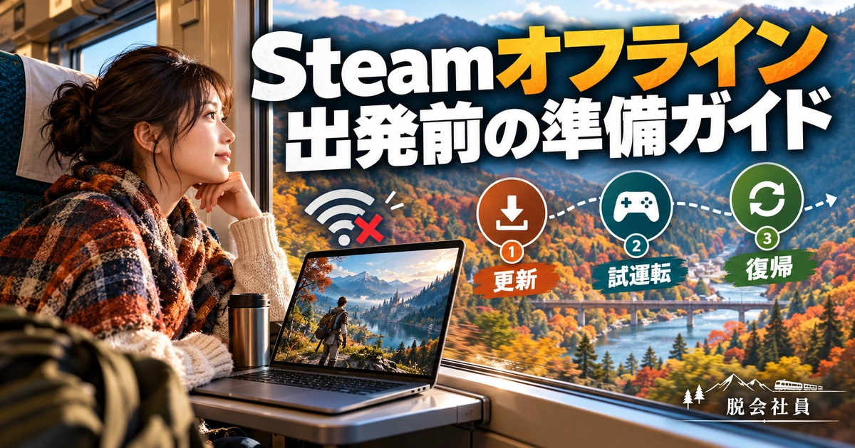 Steamオフライン。出発前の準備ガイドを説明する生成イメージ