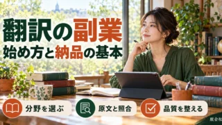 翻訳の副業：始め方と納品の基本を写真と図解で説明する生成イメージ