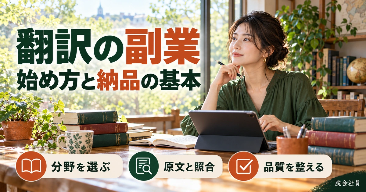 翻訳の副業：始め方と納品の基本を写真と図解で説明する生成イメージ
