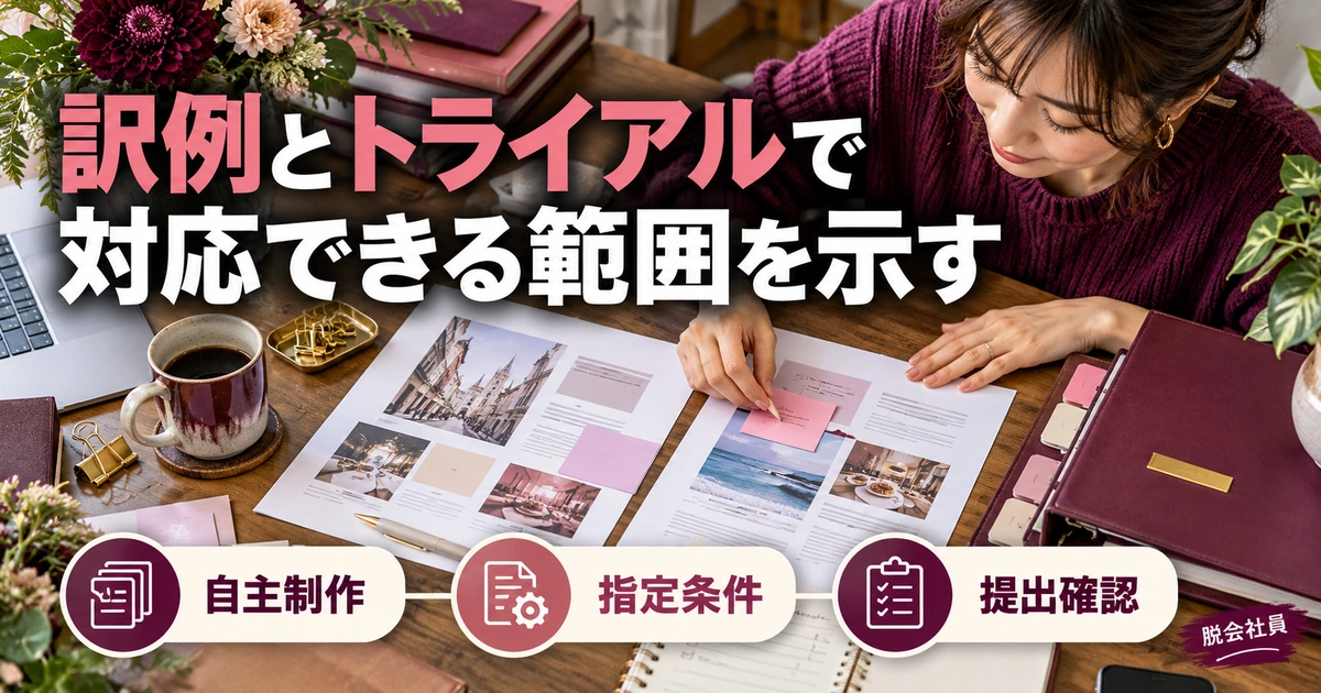 訳例とトライアルで:対応できる範囲を示すを写真と図解で説明する生成イメージ