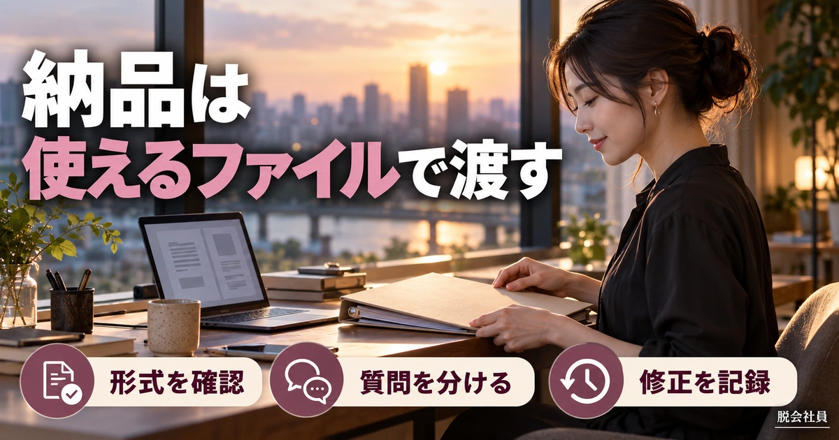 納品は:使えるファイルで渡すを写真と図解で説明する生成イメージ
