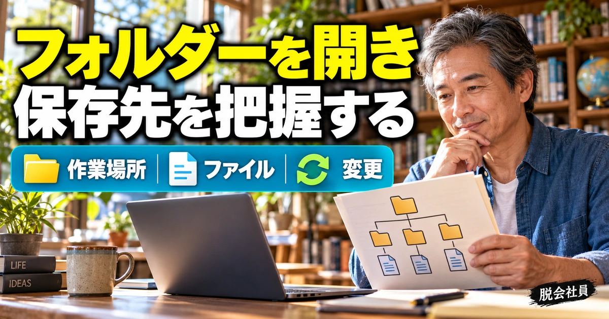 フォルダーを開き。保存先を把握するを説明する生成イメージ