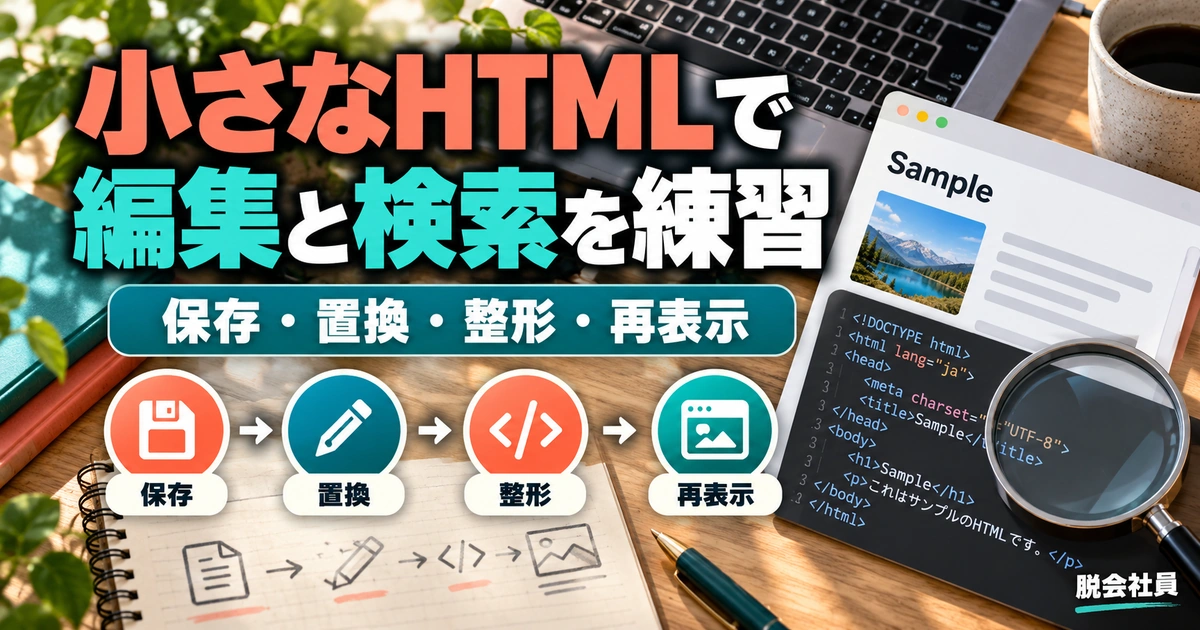 小さなHTMLで。編集と検索を練習を説明する生成イメージ