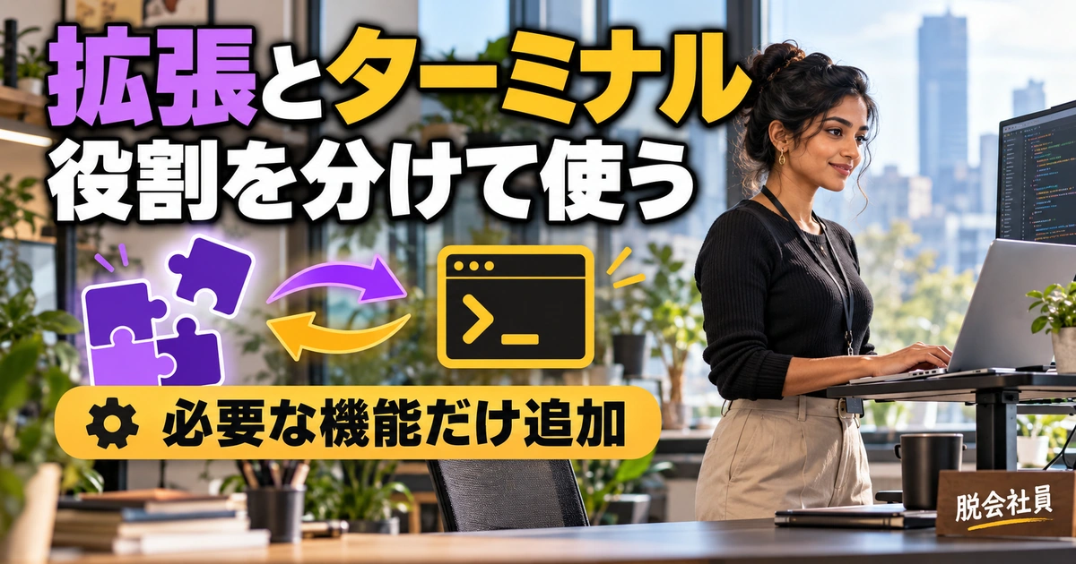 拡張とターミナル。役割を分けて使うを説明する生成イメージ