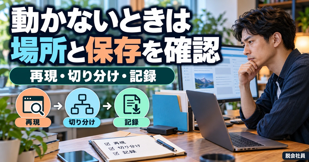 動かないときは。場所と保存を確認を説明する生成イメージ
