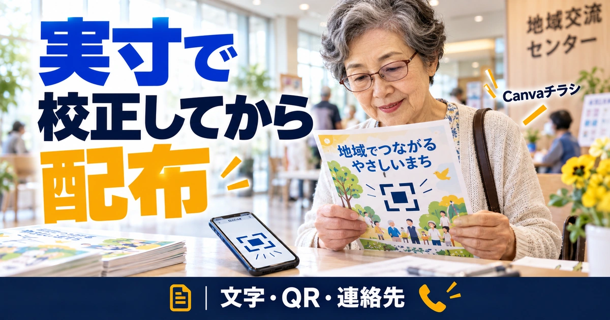 配布前の校正と改善|実寸・QRコード・次回の修正を管理する(説明用生成イメージ)