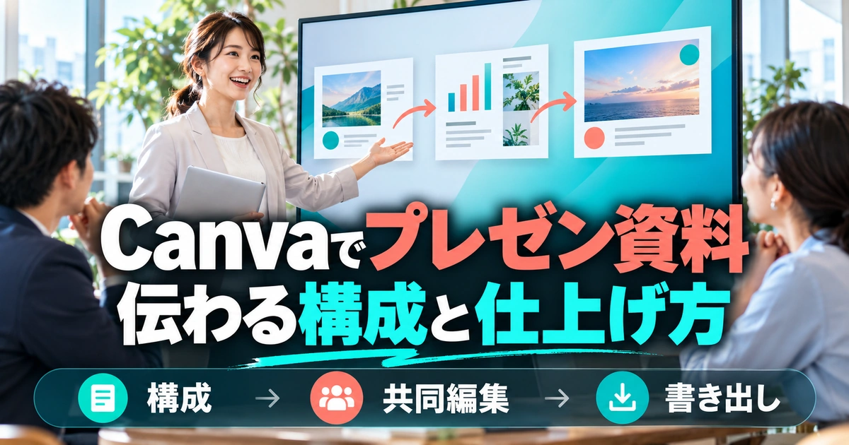 Canvaでプレゼン資料を作る方法｜構成・共同編集・書き出しの確認を説明する生成イメージ