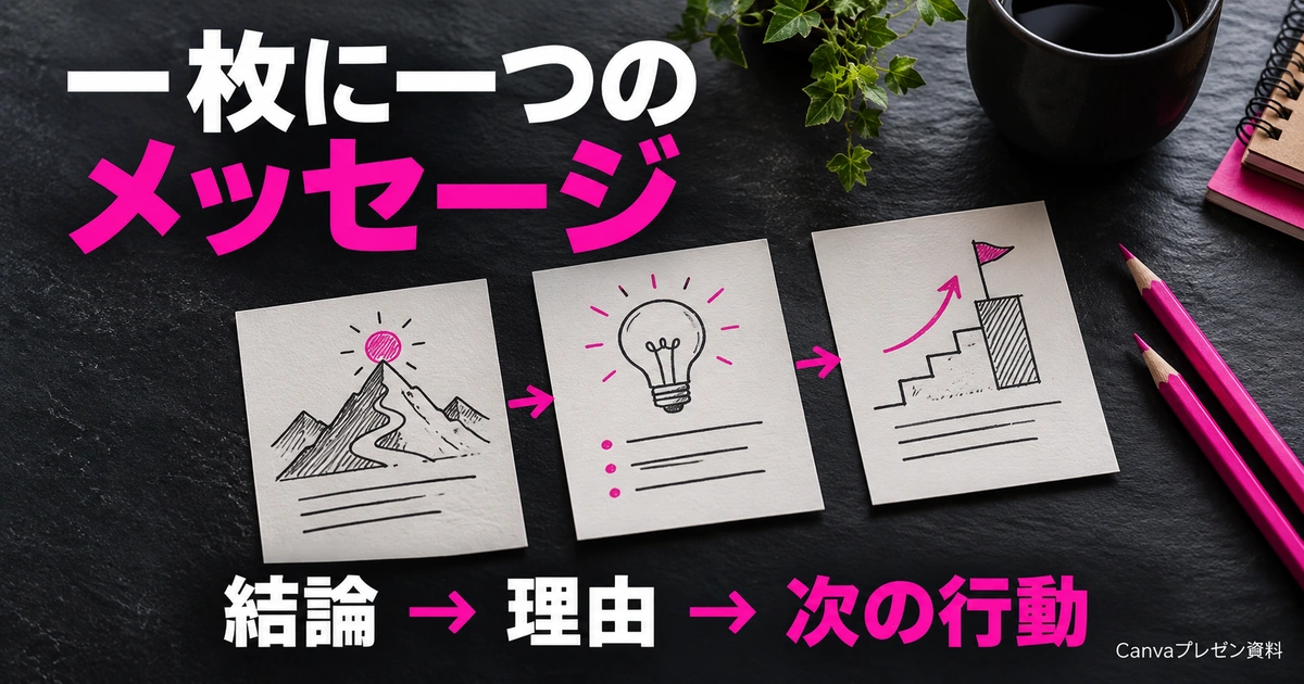 伝わる構成を作る|一枚一メッセージで筋道を整えるを説明する生成イメージ