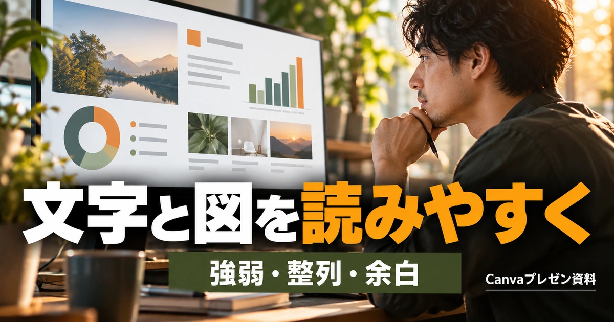 Canvaでスライドを編集|文字・図・写真を読みやすく配置するを説明する生成イメージ
