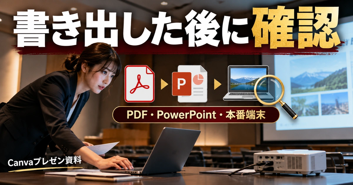 PDF・PowerPointへ書き出す|崩れの確認と納品チェックを説明する生成イメージ
