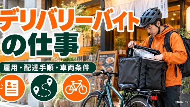 デリバリーバイトの仕事内容｜雇用・配達手順・車両条件の確認を説明する生成イメージ