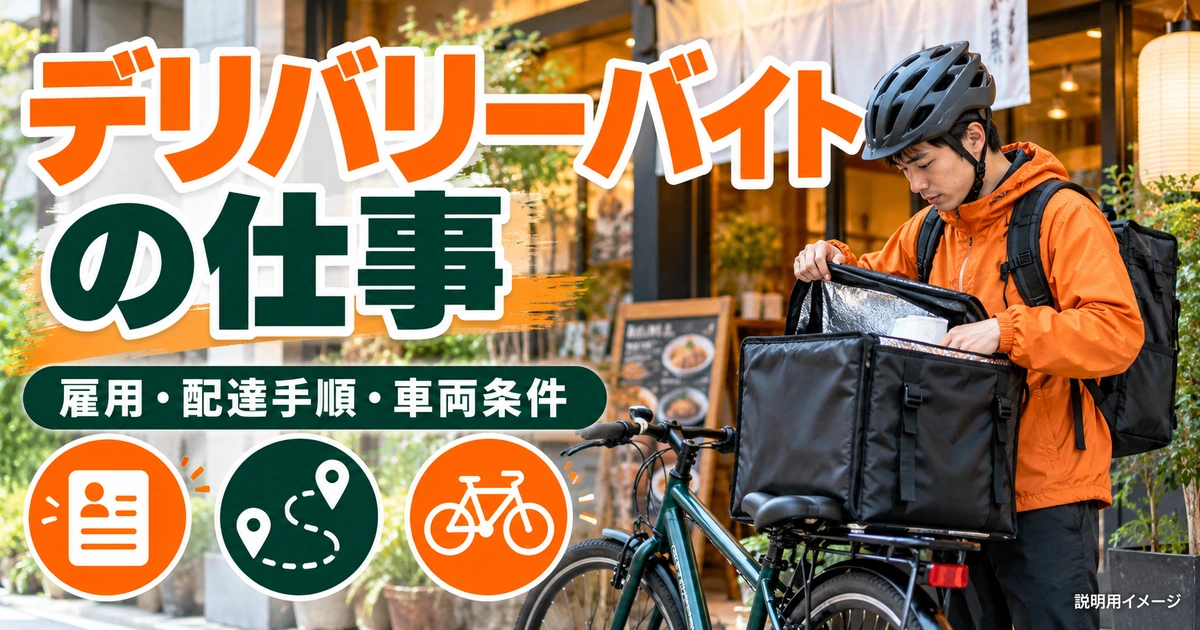 デリバリーバイトの仕事内容｜雇用・配達手順・車両条件の確認を説明する生成イメージ