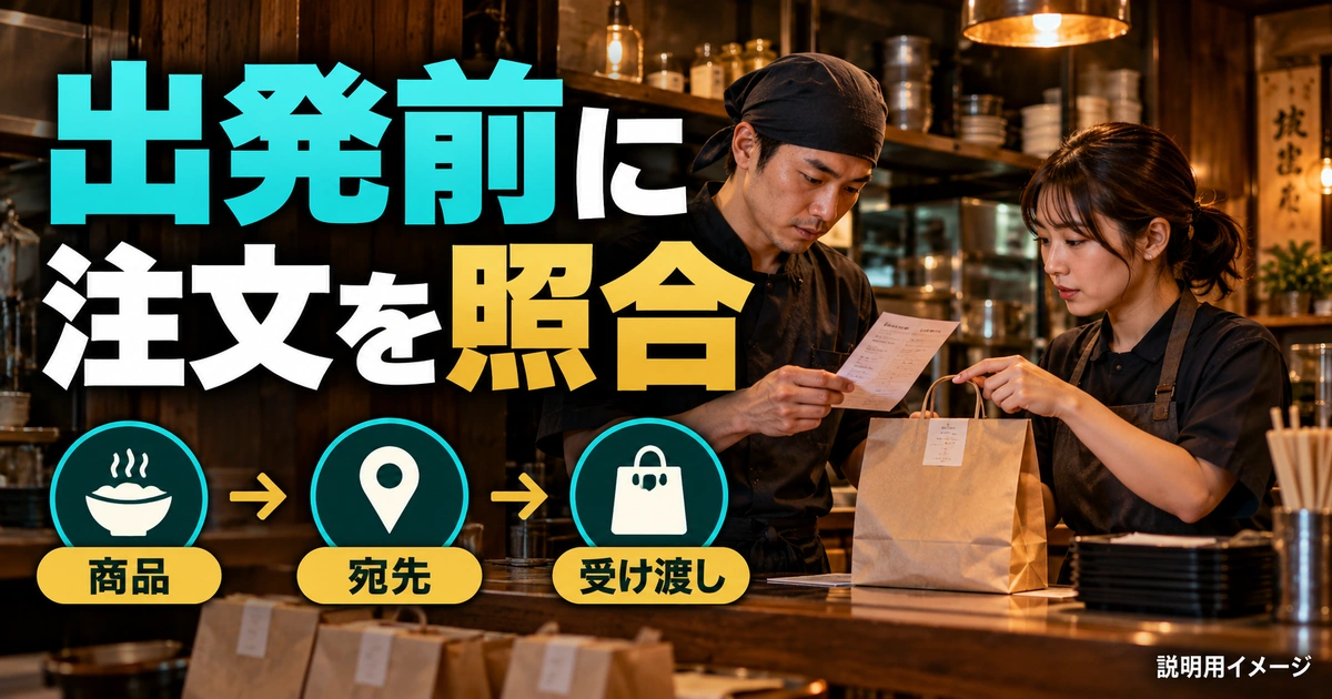 出発前の照合から受け渡しまで、注文を一つのまとまりとして扱うを説明する生成イメージ